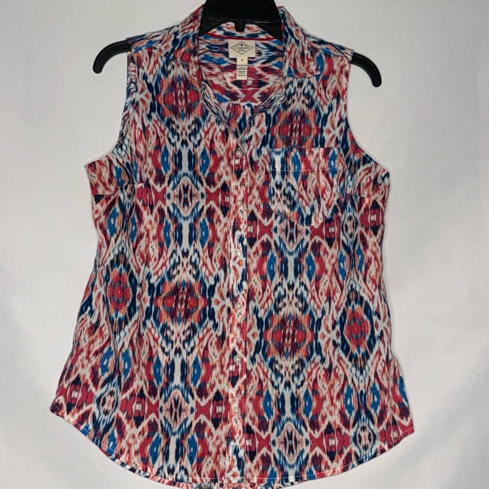 St. John’s Bay Sleeveless Collared Button-Up Shirt Geometric Print Medium EUC